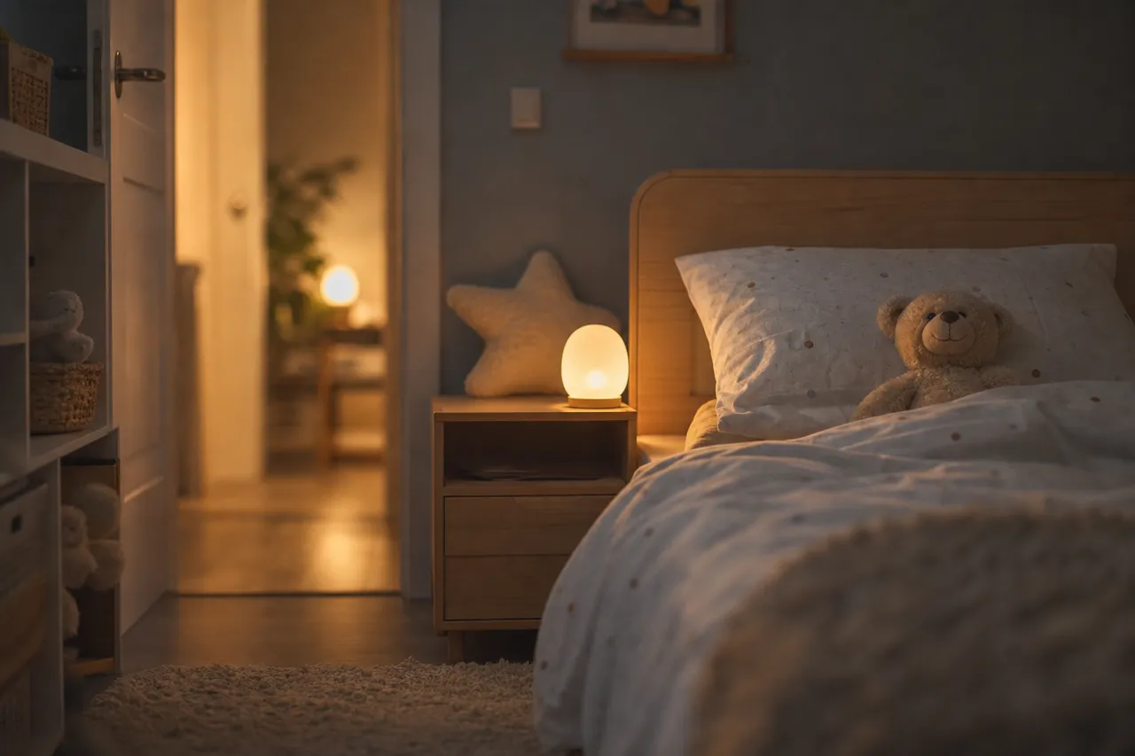 Chambre d'enfant avec veilleuse allumée et lit préparé pour le coucher, ambiance douce et rassurante