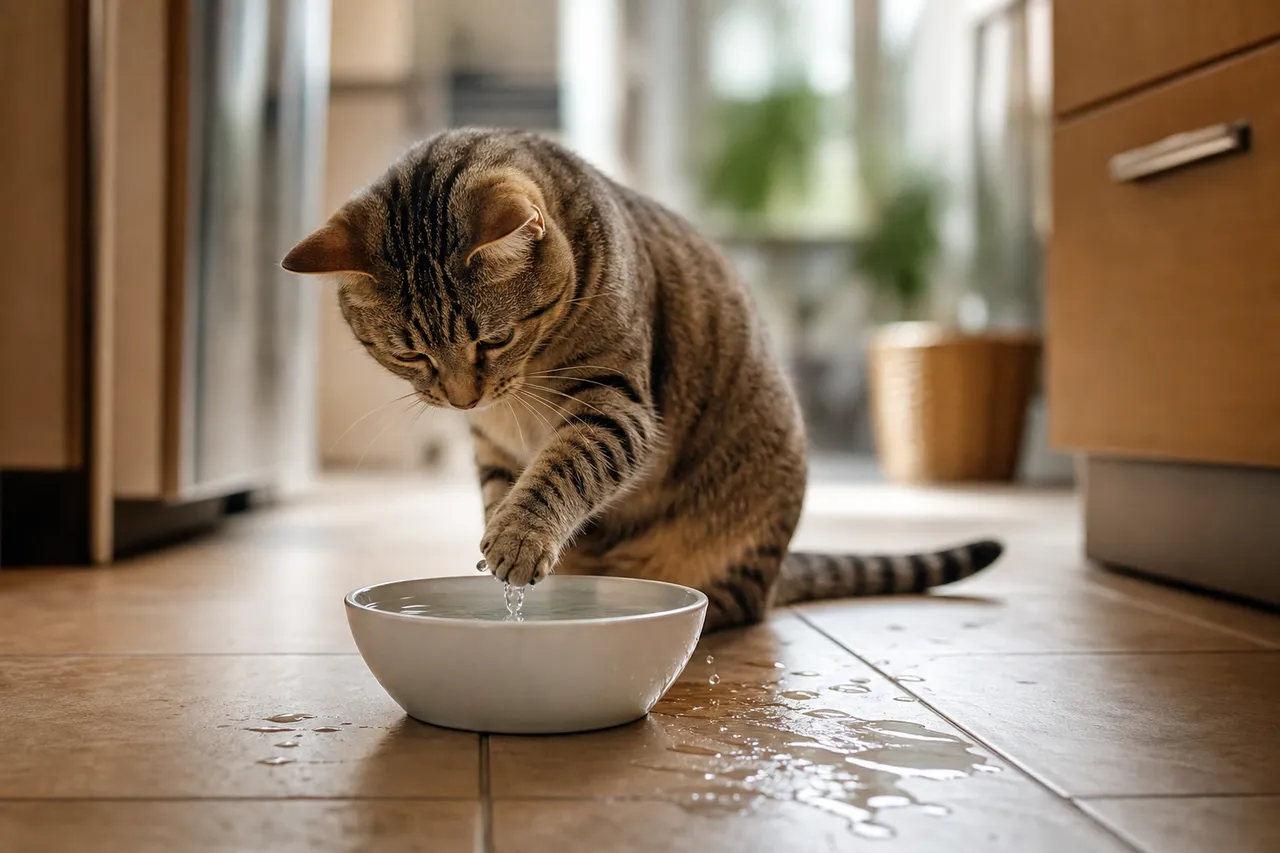 Chat testant l'eau d'une gamelle avec sa patte, gouttes d'eau visibles sur le sol