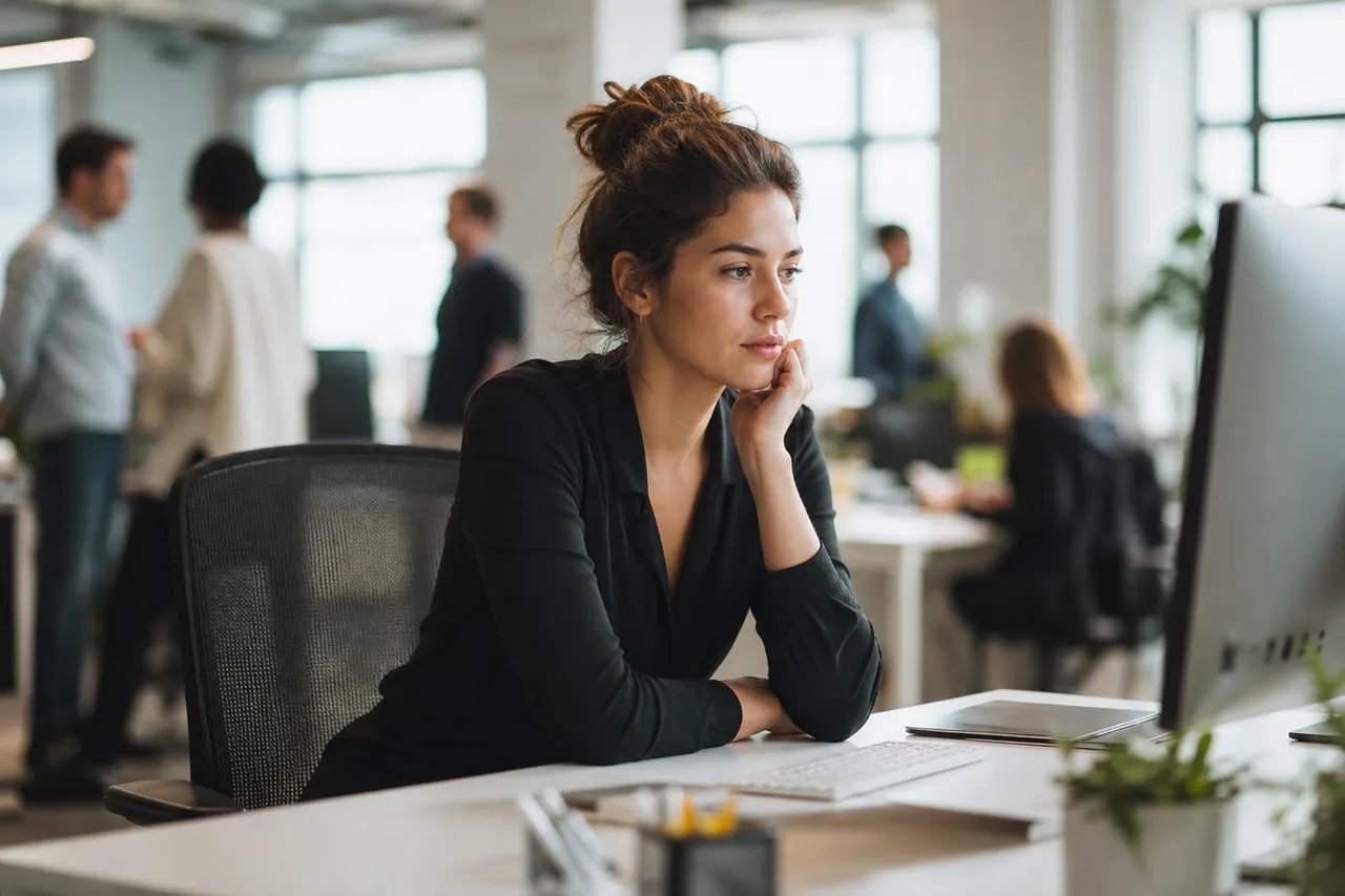 Jeune professionnel pensif devant son ordinateur dans un bureau lumineux, premier jour de travail