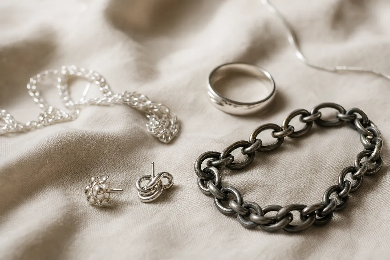 Bijoux en argent posés sur un tissu doux, certains ternis et d'autres brillants, en gros plan