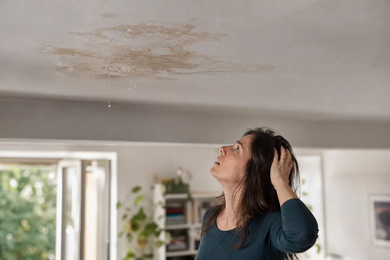 Expert en assurance examinant une infiltration d'eau au plafond d'un appartement