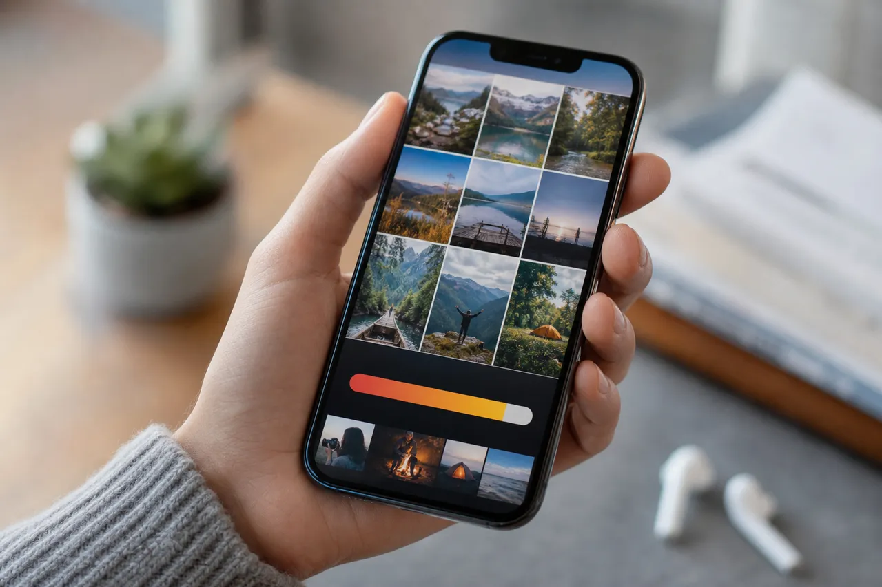 Écran de téléphone affichant les réglages de stockage et une galerie de photos