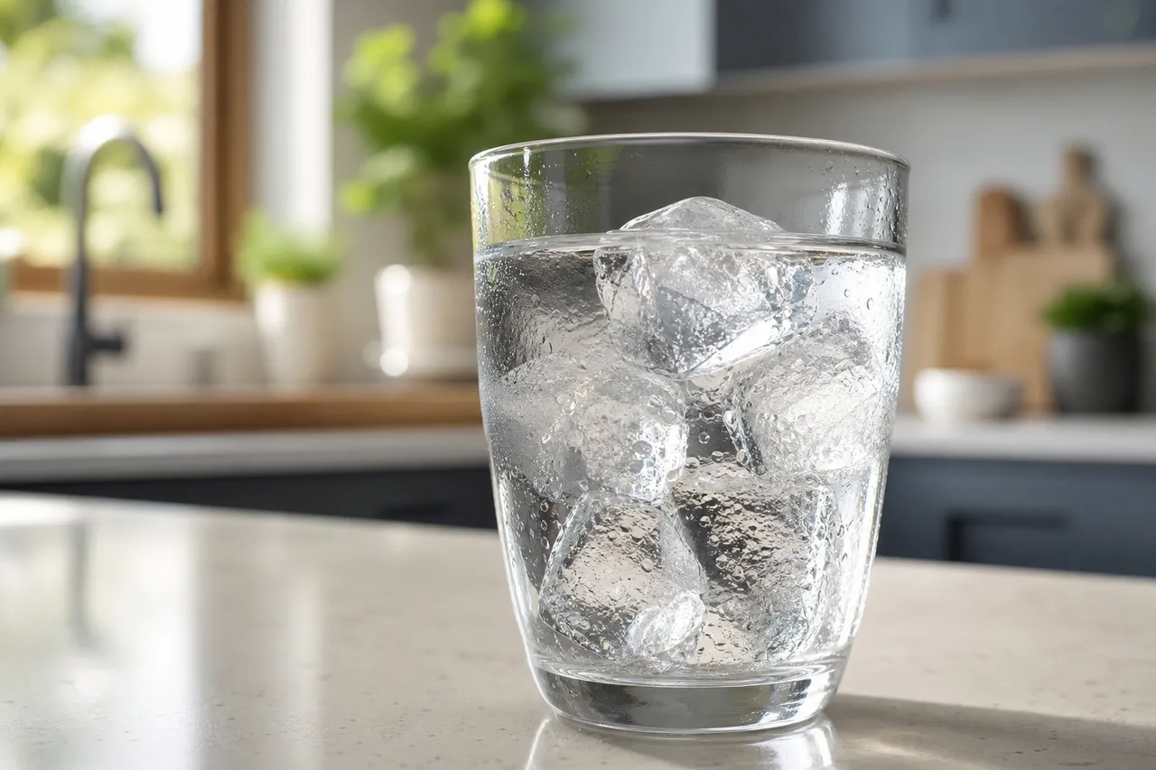 Verre d'eau avec des glaçons transparents, gros plan en lumière naturelle