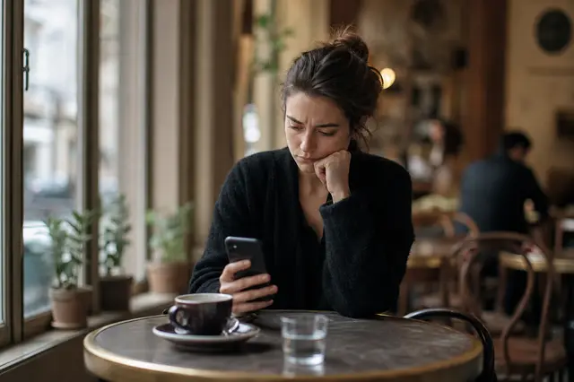 Personne hésitante regardant son téléphone dans un café, moment de doute avant d'envoyer un message