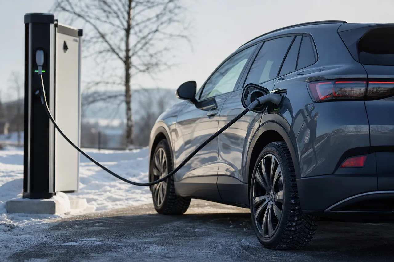 Voiture électrique en charge sur une borne, garée dans la neige par une journée d'hiver