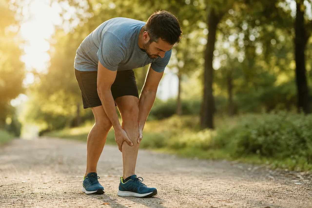 Coureur arrêté sur un chemin de parc, penché en avant et se tenant le tibia à deux mains