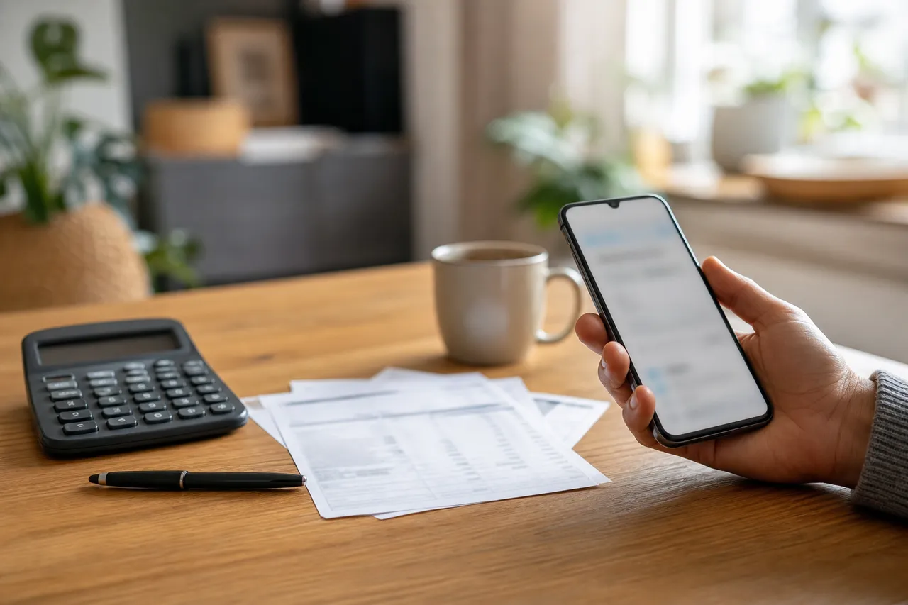 Relevés de compte, calculatrice et tasse de café sur une table en bois, main tenant un smartphone