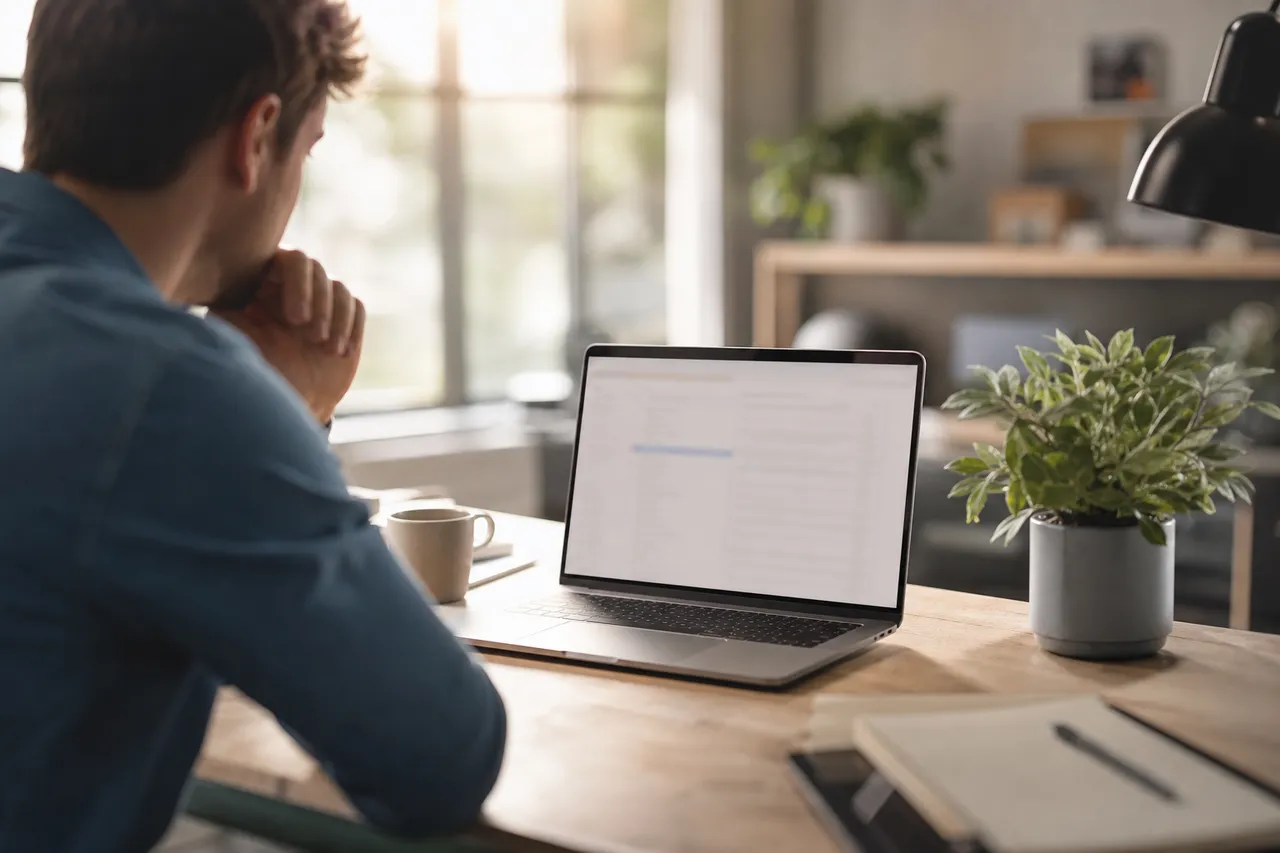 Personne pensive devant un ordinateur portable affichant une messagerie, sur un bureau lumineux avec une plante