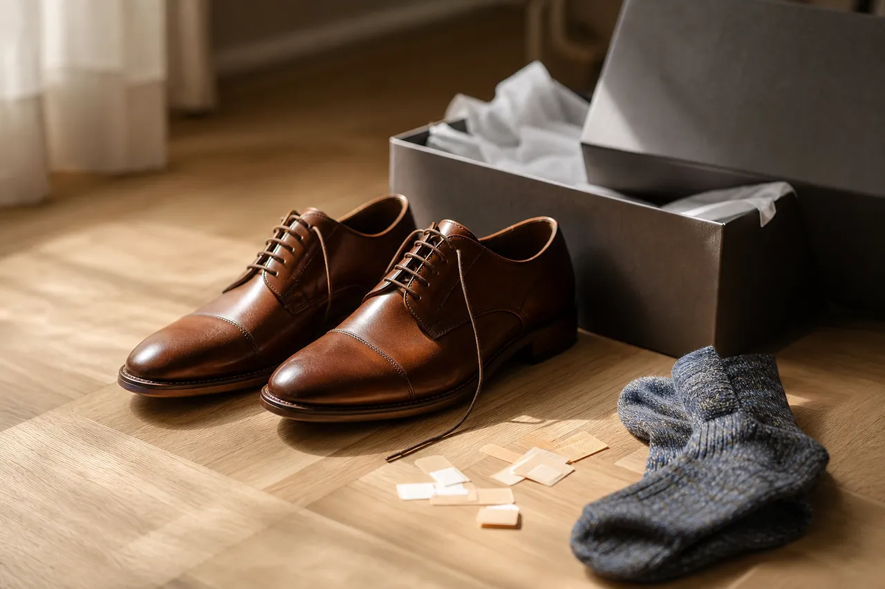 Chaussures de ville en cuir marron neuves sur un parquet, près de leur boîte, de pansements et de chaussettes épaisses