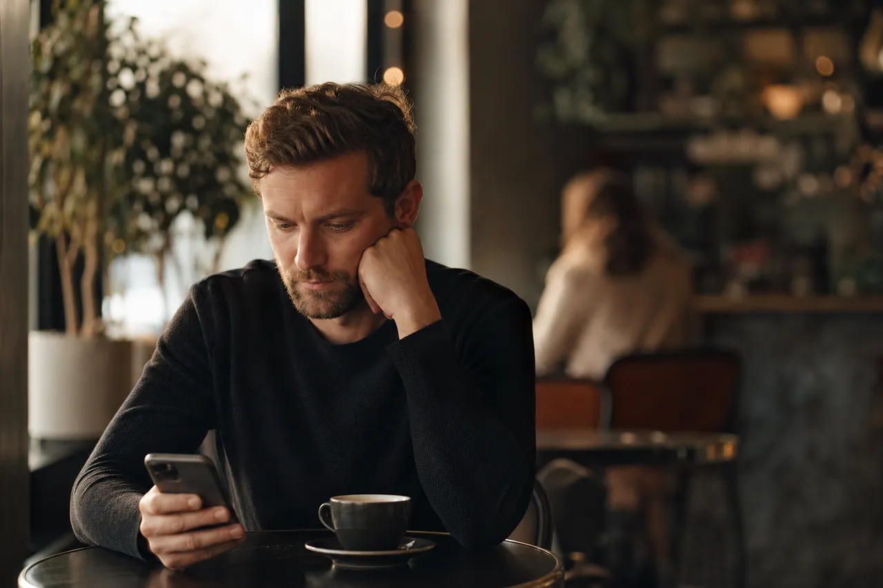 Homme seul à une table de café, regardant son smartphone d'un air pensif, tasse de café devant lui