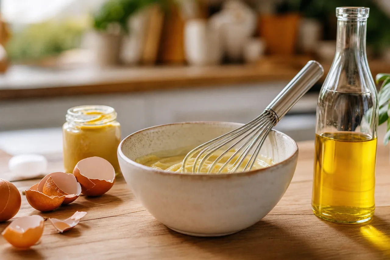 Bol de mayonnaise maison avec un fouet, coquilles d'œufs, pot de moutarde et bouteille d'huile sur un plan de travail en bois