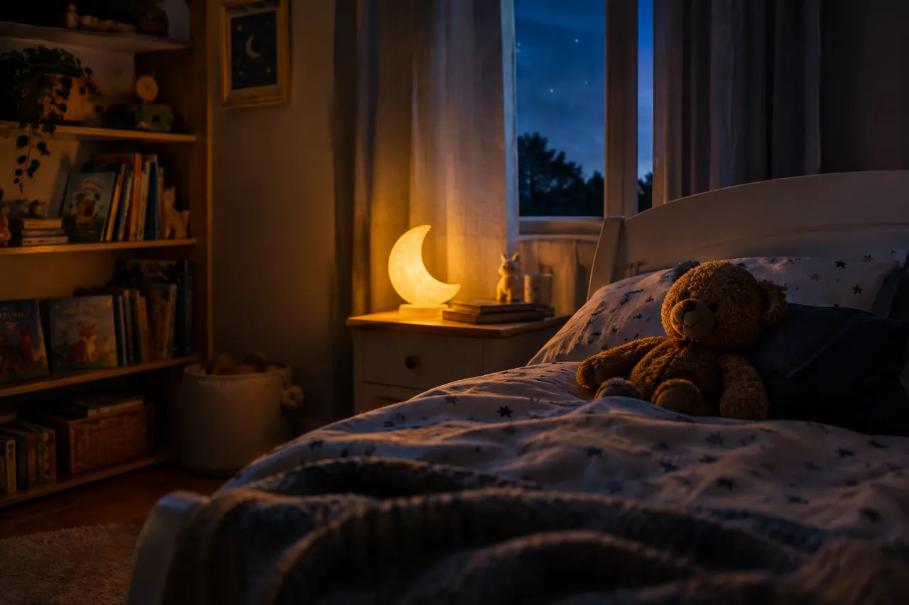 Chambre d'enfant la nuit, veilleuse en forme de lune allumée sur la table de chevet et ours en peluche sur le lit