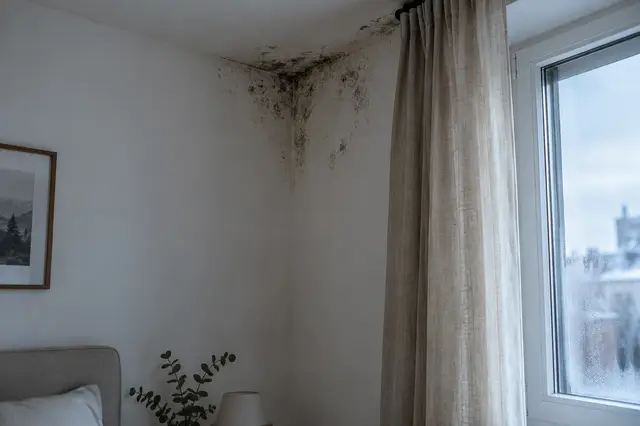 Angle de mur et de plafond d'une chambre couvert de taches de moisissure noires, à côté d'une fenêtre embuée
