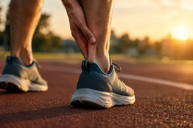 Coureur sur une piste d'athlétisme se tenant l'arrière de la cheville au niveau du tendon d'Achille, au coucher du soleil