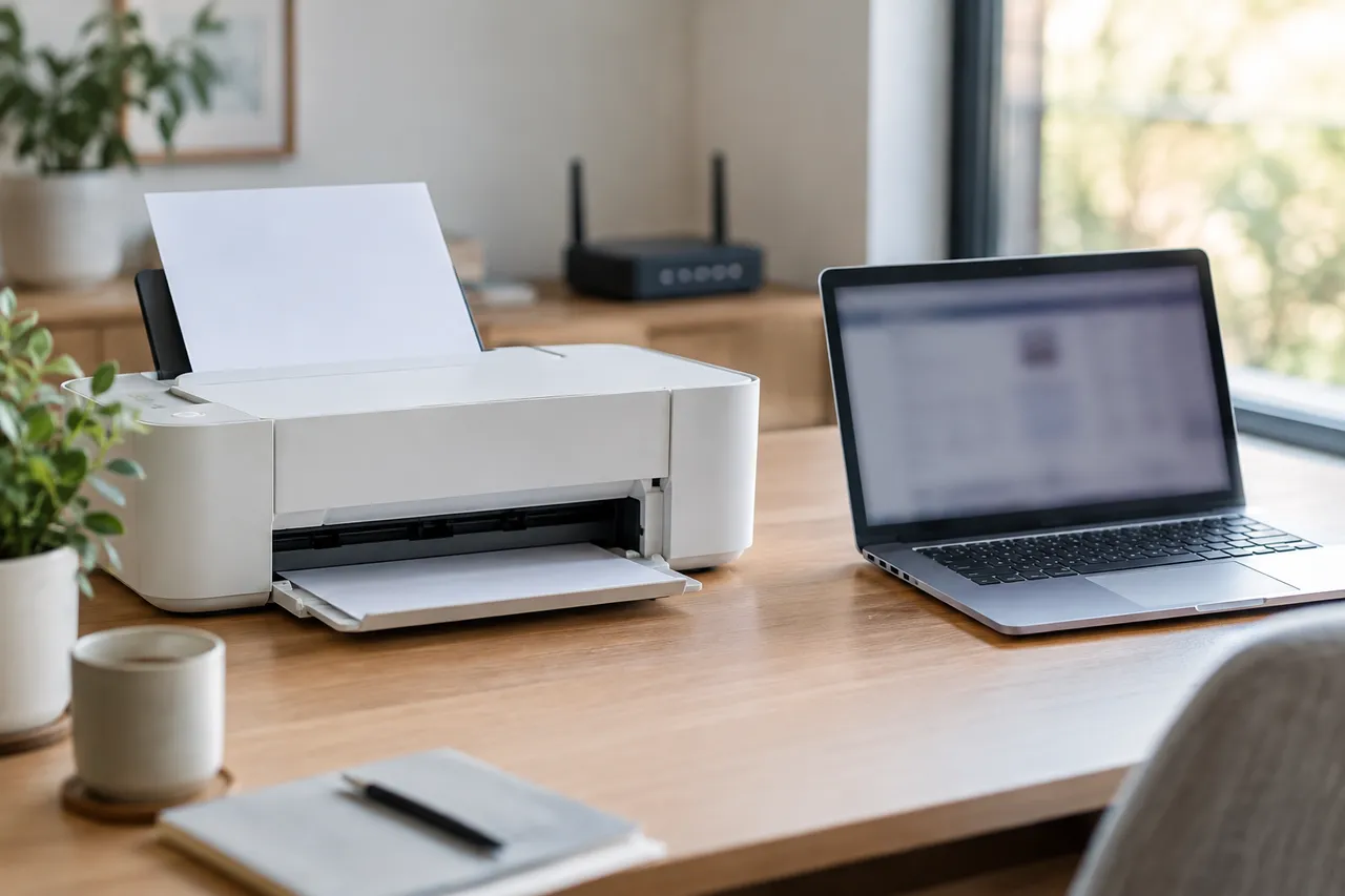 Imprimante blanche posée sur un bureau à côté d'un ordinateur portable ouvert, box internet en arrière-plan